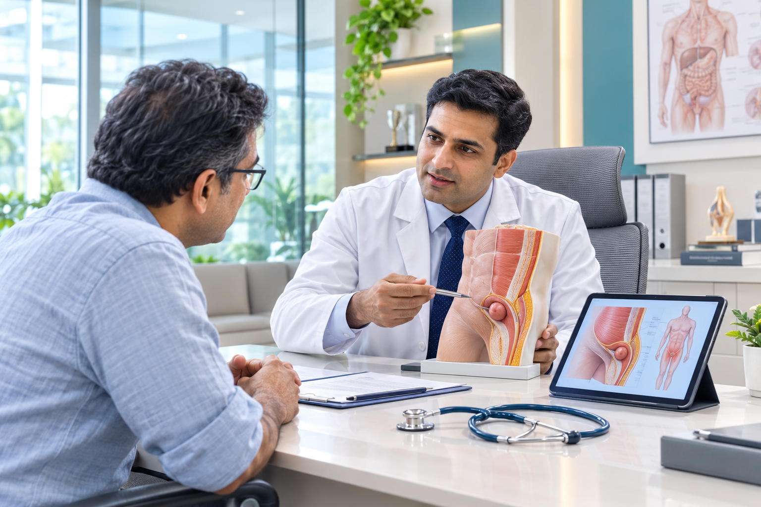 General surgeon explaining non-surgical hernia management and treatment options to a patient in India