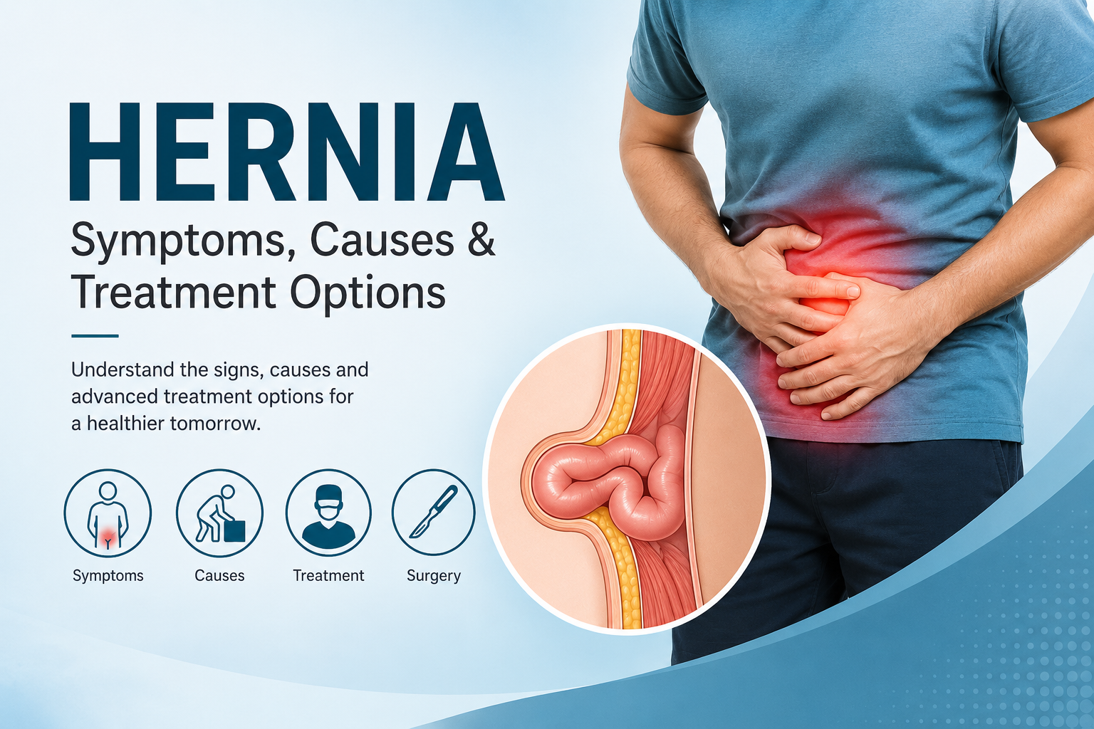 Educational hernia infographic showing symptoms, causes, treatment options, and when surgical care may be needed